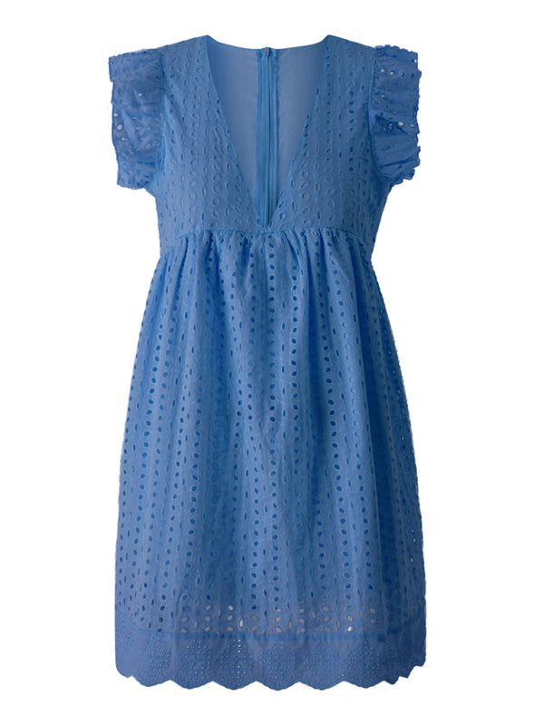 TEEK - Jacquard V-Neck Sleeveless Ruffled Dress DRESS TEEK K Purplish Blue Navy XS 