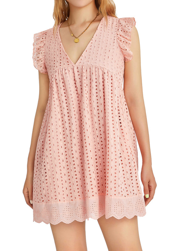 TEEK - Jacquard V-Neck Sleeveless Ruffled Dress DRESS TEEK K Pink XS 