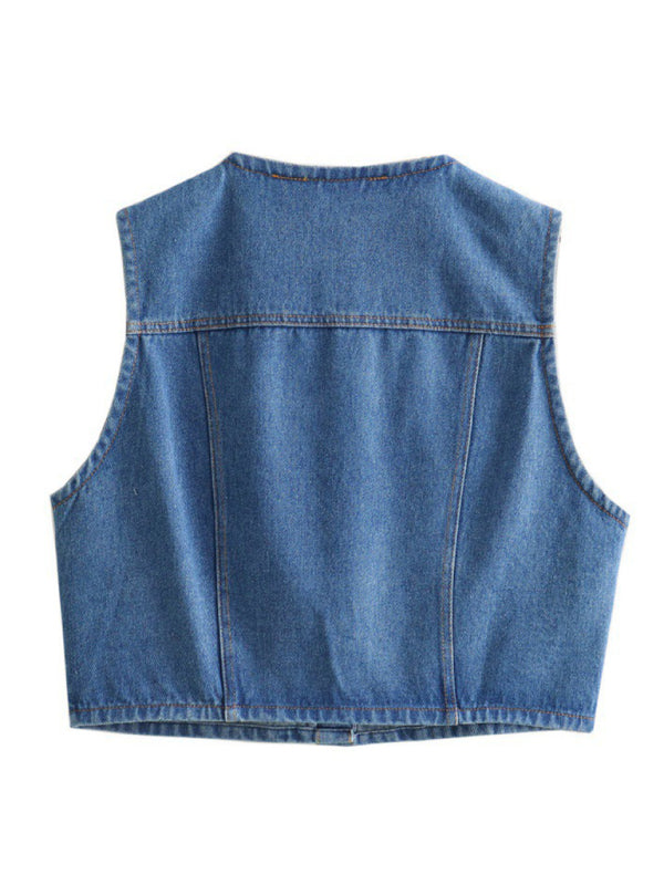 TEEK - Blue Single-Breasted Pocketed Denim Vest VEST TEEK K   