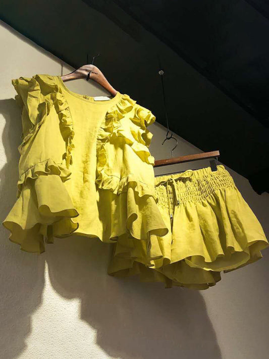 TEEK - Yellow Ruffled Lace-up Drawstring Shorts Suit