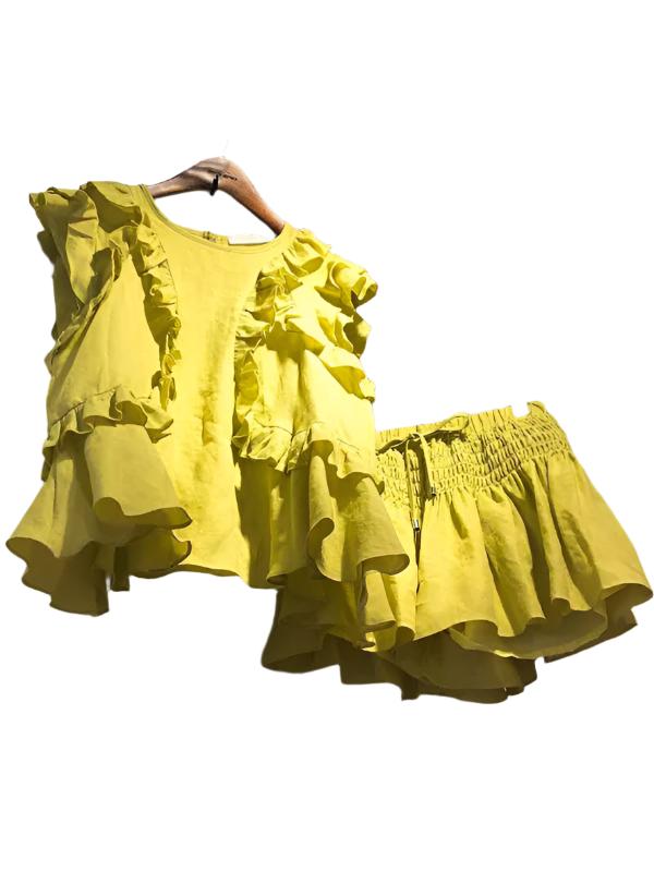 TEEK - Yellow Ruffled Lace-up Drawstring Shorts Suit SET TEEK K S  