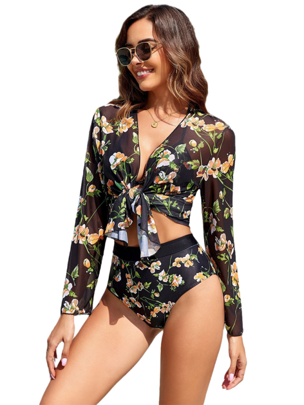 TEEK - Botanical Print Lace-Up Swimsuit Three-Piece Set SWIMWEAR TEEK K   