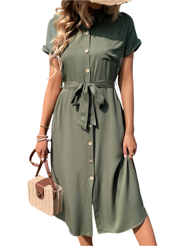 TEEK - Smooth Buttoned Solid Color Belted Dress DRESS TEEK K Olive Green S 