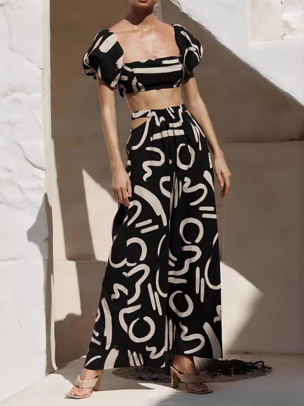 TEEK - Cropped Off-Shoulder Puff Sleeve Pocketed Long Skirt Set SET TEEK K Black S 