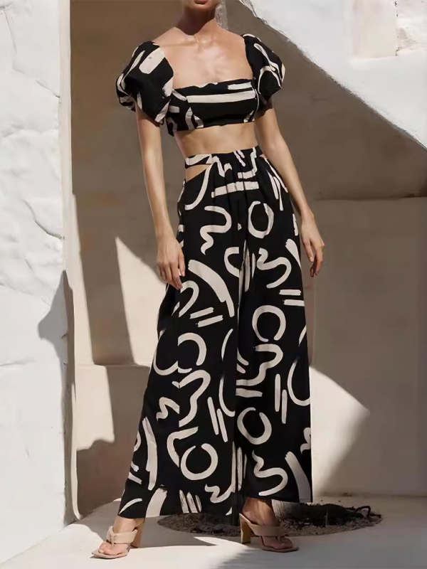 TEEK - Cropped Off-Shoulder Puff Sleeve Pocketed Long Skirt Set SET TEEK K