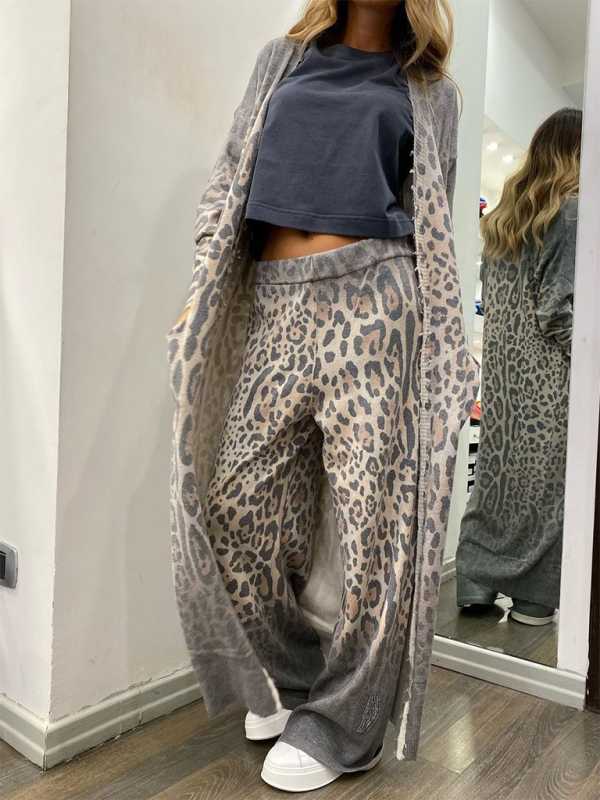 TEEK - Leopard Print Long Sleeved Cardigan Trousers 2pc Set SET TEEK K Pattern S 