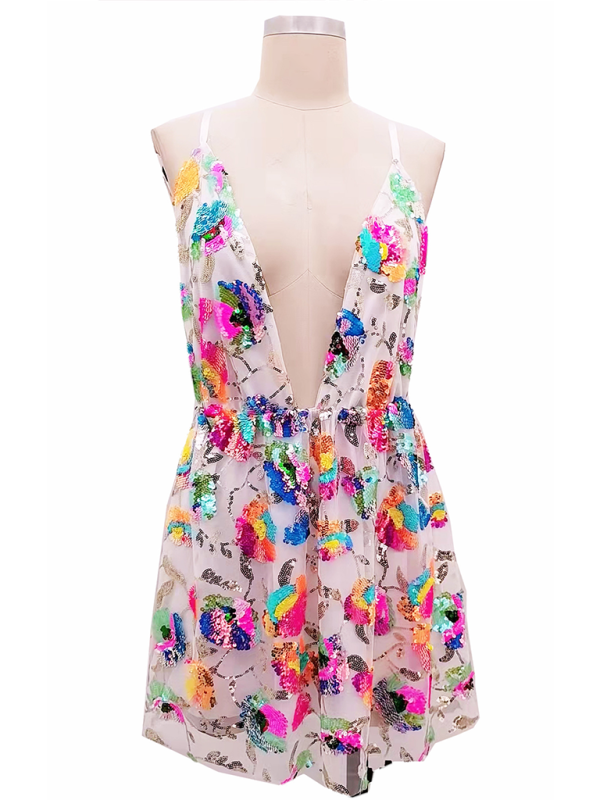 TEEK - Deep V Backless Sequin Floral Strappy Dress DRESS TEEK K   