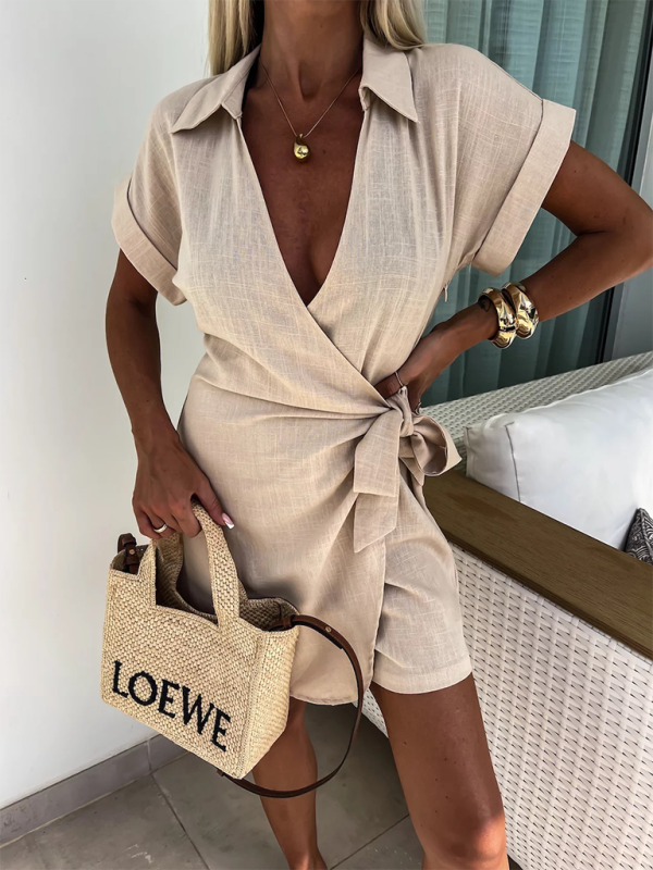 TEEK - Lapel Short Sleeve Waist Tie Romper JUMPSUIT TEEK K Khaki S 