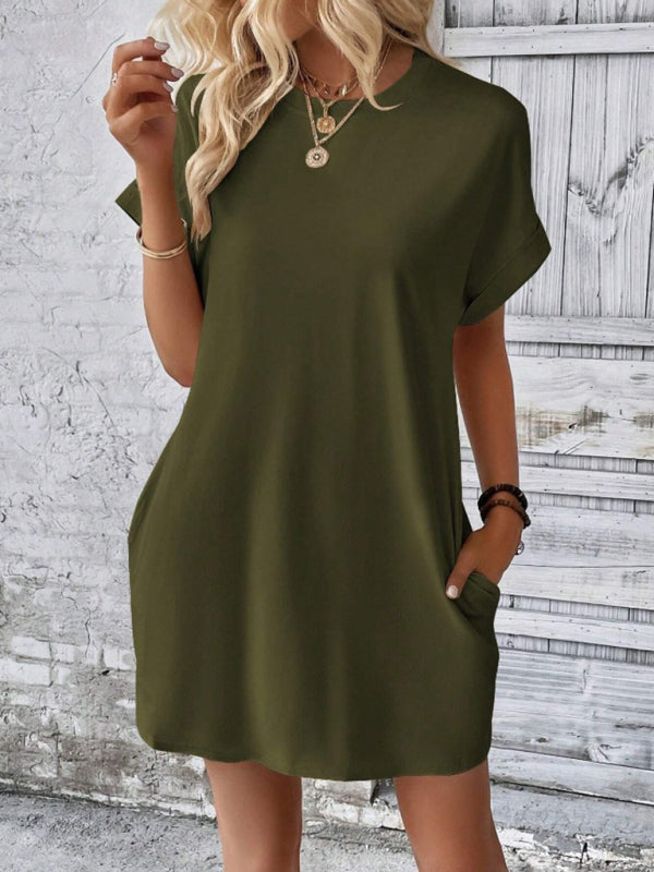 TEEK - Loose Short Sleeve Pocket Dress DRESS TEEK K Olive Green S 