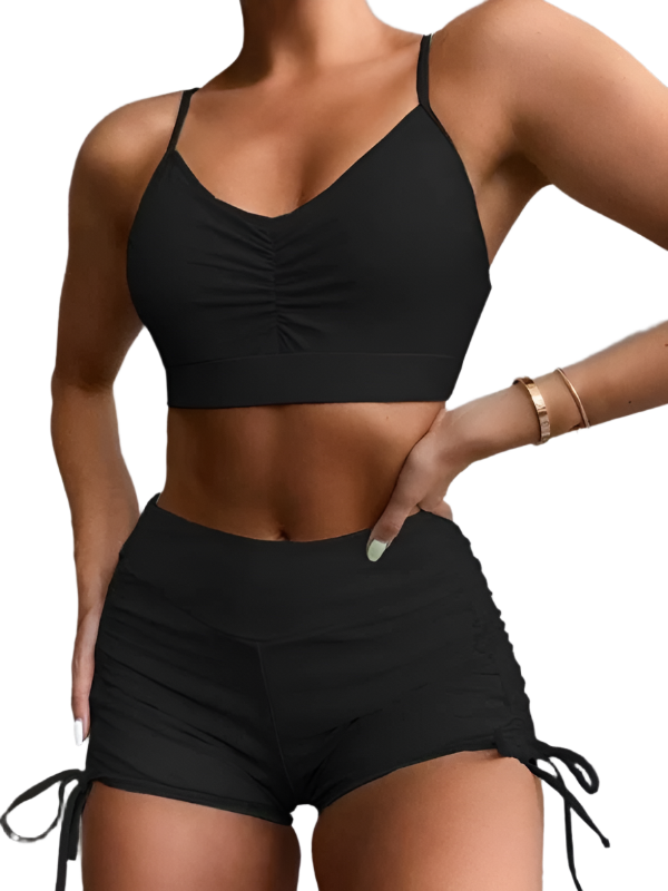 TEEK - Padded Chest Gathered High Waist Covered Belly Bikini SWIMWEAR TEEK K Black S 