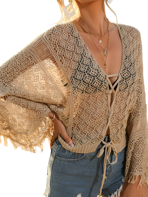 TEEK - Flared Sleeve Tassel Knitted Cover Up TOPS TEEK K Cracker Khaki S 