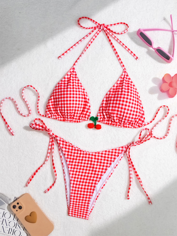 TEEK - Red Sweet Backless Gingham Cherry Bikini SWIMWEAR TEEK K   