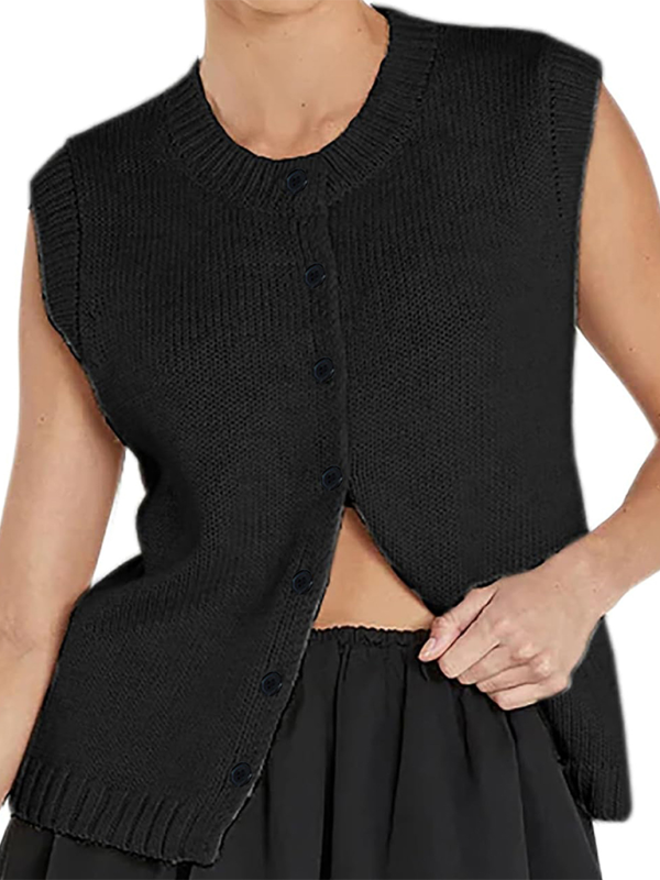 TEEK - Knitted Single-Breasted Knitted Cardigan Sleeveless Top TOPS TEEK K Black S 