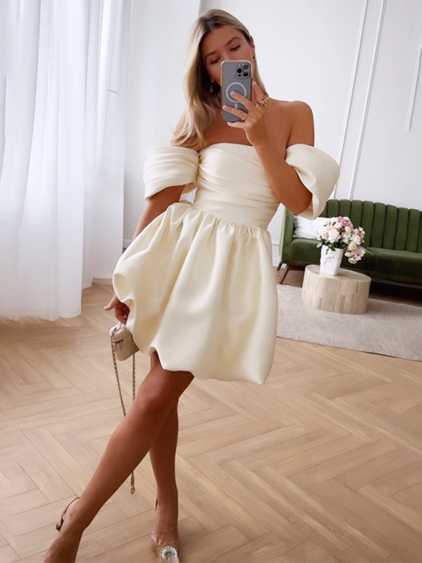 TEEK - Off White Off-Shoulder Princess Tube Puff Sleeve Dress DRESS TEEK K   