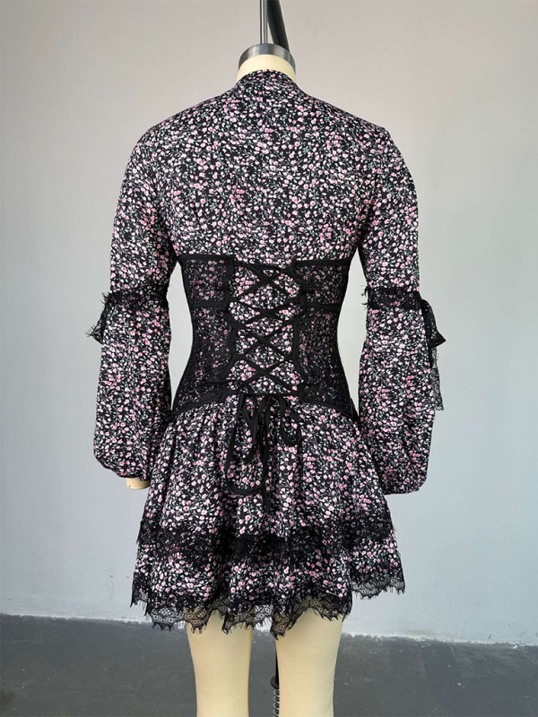 TEEK - Fresh Floral Print Corset Long Sleeve Short Lace Dress DRESS TEEK K   