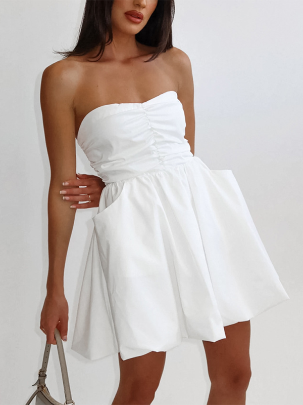 TEEK - Tube Top A-Line Puffy Pocketed Dress DRESS TEEK K White S 