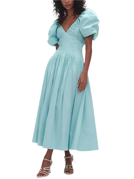 TEEK - French V-Neck Puff Sleeve Pleated Waist Dress DRESS TEEK K Blue S 