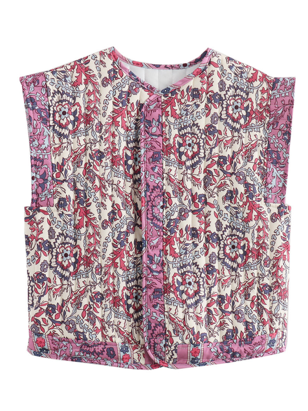 TEEK - Pink Purple Printed Quilted Cotton Vest Jacket VEST TEEK K   