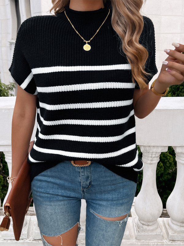 TEEK - Contrasting Striped Short-Sleeved Pullover Sweater SWEATER TEEK K   