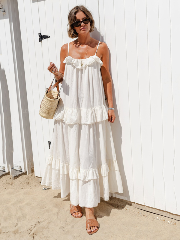 TEEK - Ruffled Long Swing Beach Dress DRESS TEEK K White S 