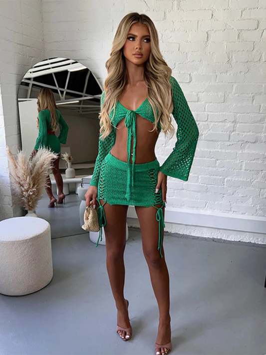 TEEK - Solid Color Knitted Beach Bikini Cover Up Set SET TEEK K Green S 