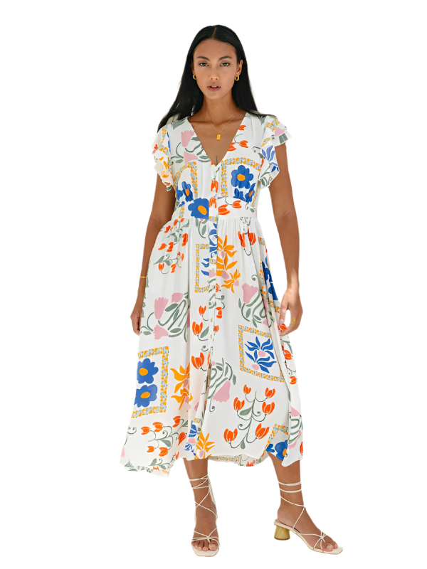 TEEK - White Floral Print Single Breasted Dress DRESS TEEK K S  