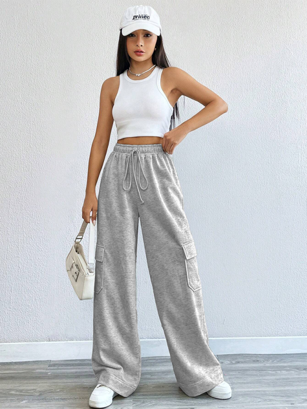 TEEK - Grey Workwear Wide Leg High-Waist Pocketed Pants PANTS TEEK K   