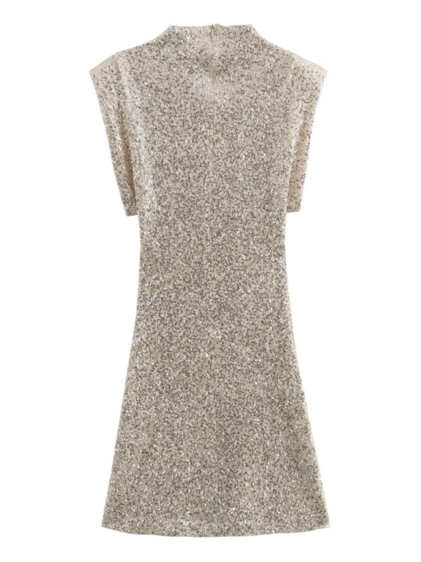 TEEK - High Collar Padded Shoulder Sequin Dress DRESS TEEK K   