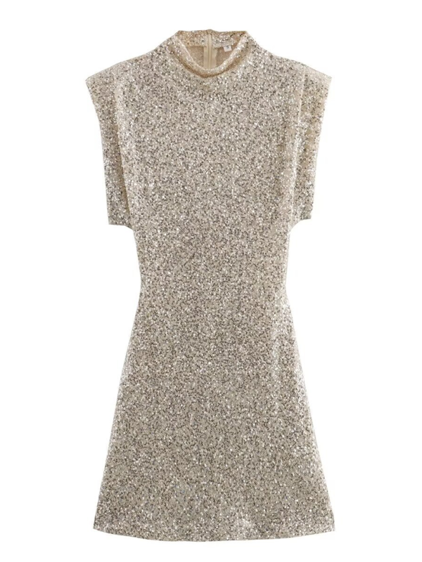 TEEK - High Collar Padded Shoulder Sequin Dress DRESS TEEK K Cream XS 