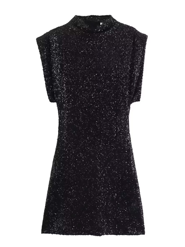 TEEK - High Collar Padded Shoulder Sequin Dress DRESS TEEK K Black XS 