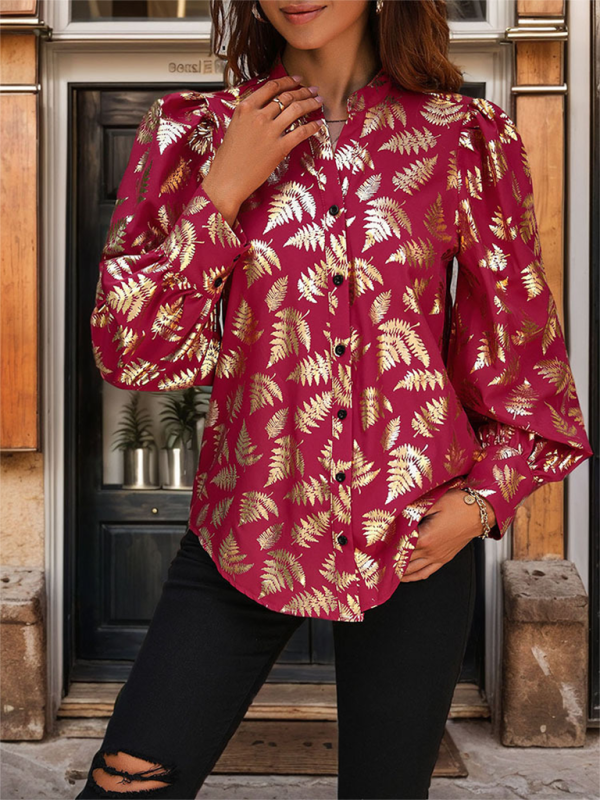 TEEK - Wine Red Shimmer Plant Buttoned Blouse TOPS TEEK K S  