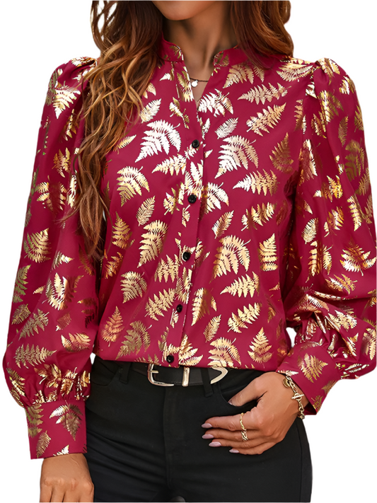 TEEK - Wine Red Shimmer Plant Buttoned Blouse TOPS TEEK K   