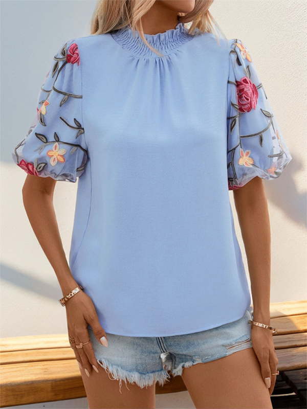 TEEK - Embroidered Flloral Blue Short-Sleeved Top TOPS TEEK K   