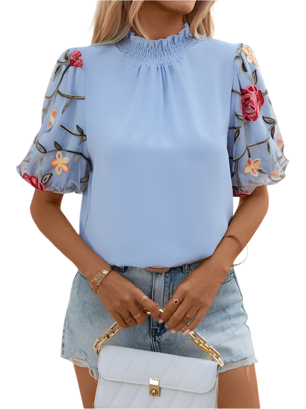 TEEK - Embroidered Flloral Blue Short-Sleeved Top TOPS TEEK K S  