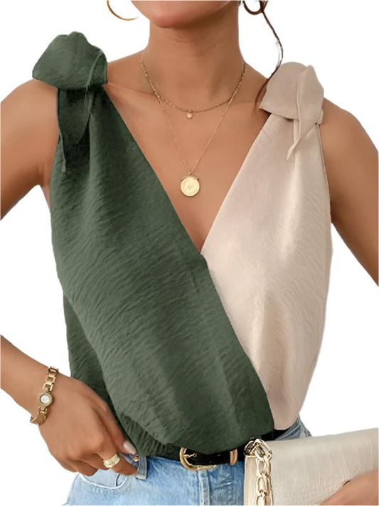 TEEK - Contrast Color Tied Shoulder V-Neck Tank Bodysuit TOPS TEEK K Olive Green S 