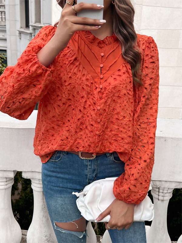 TEEK - Puff Sleeve Embroidered Button Top Top TEEK K Orange S 