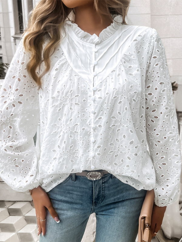 TEEK - Puff Sleeve Embroidered Button Top Top TEEK K White S 