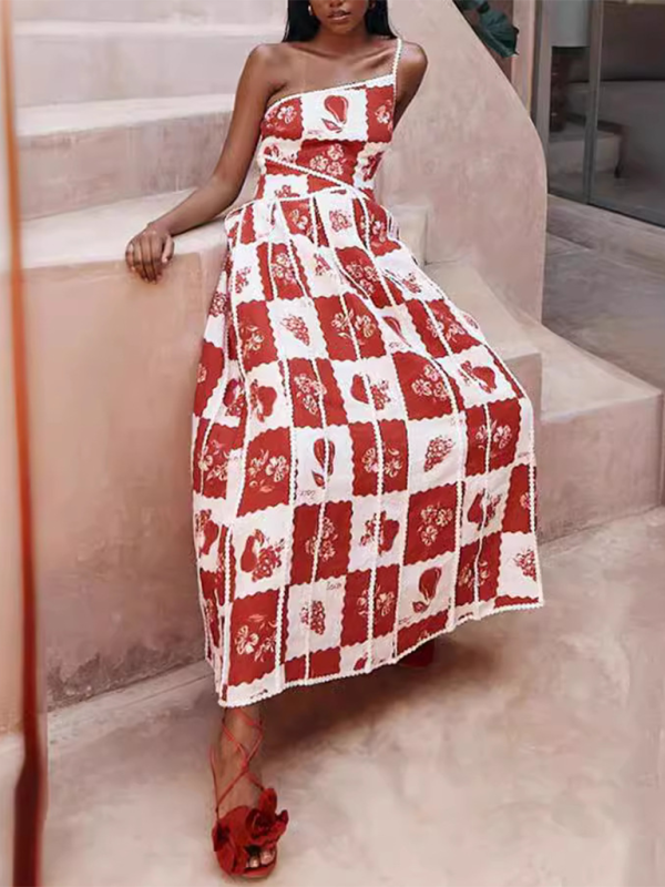 TEEK - Red One-Shoulder Sling Positioned Print Dress DRESS TEEK K   