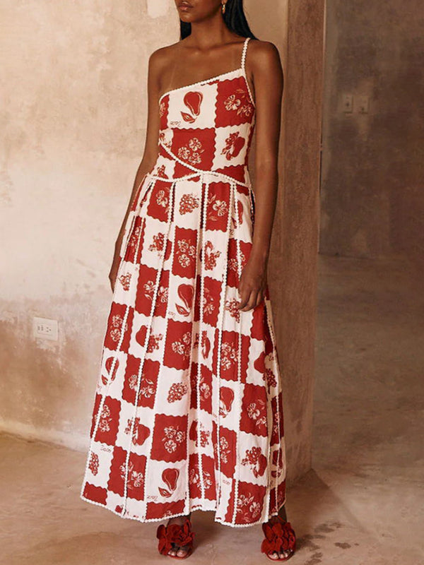 TEEK - Red One-Shoulder Sling Positioned Print Dress DRESS TEEK K   