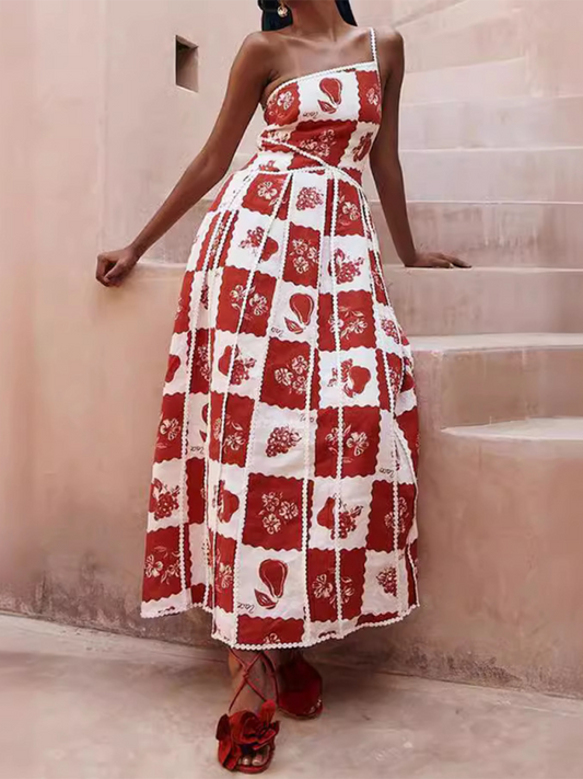 TEEK - Red One-Shoulder Sling Positioned Print Dress DRESS TEEK K S  