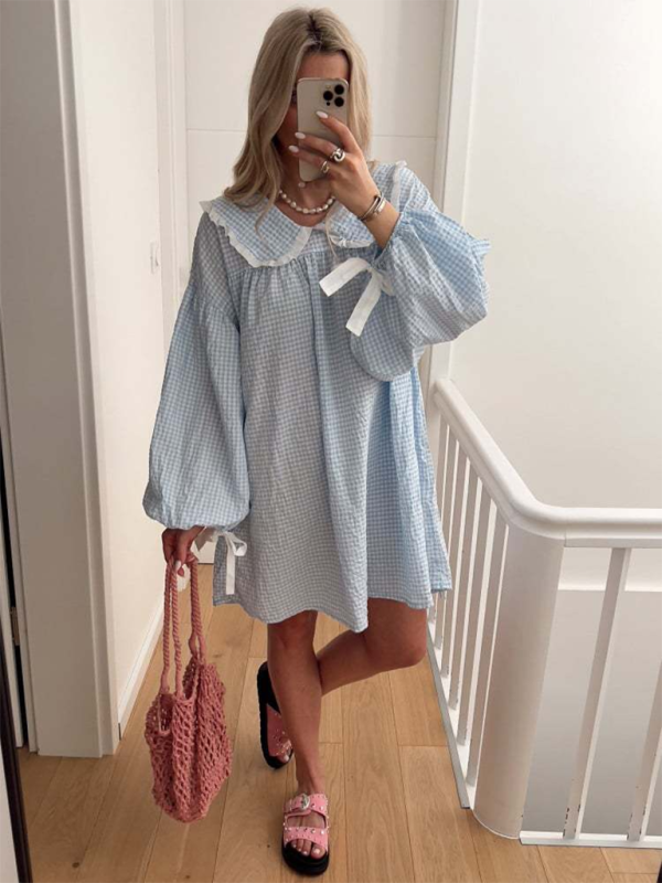 TEEK - Doll Collar Long Lantern Sleeve Dress DRESS TEEK K Clear Blue S 