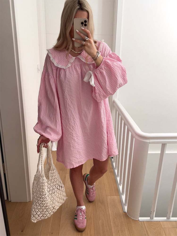 TEEK - Doll Collar Long Lantern Sleeve Dress DRESS TEEK K Pink S 