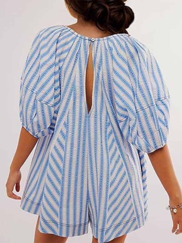 TEEK - Short-Sleeved Striped Deep V Wide-Leg Short Romper JUMPSUIT TEEK K   