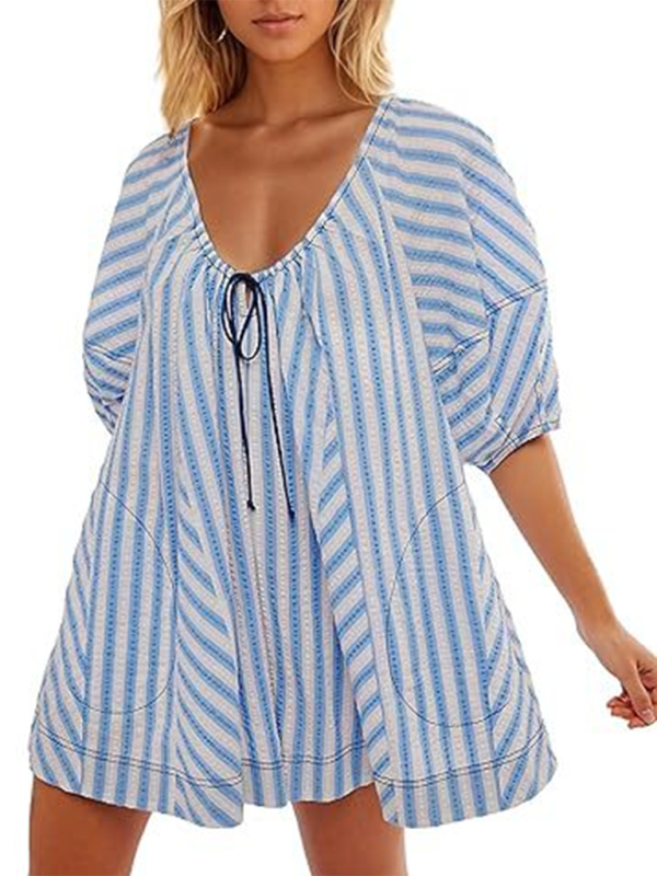 TEEK - Short-Sleeved Striped Deep V Wide-Leg Short Romper JUMPSUIT TEEK K Blue S 