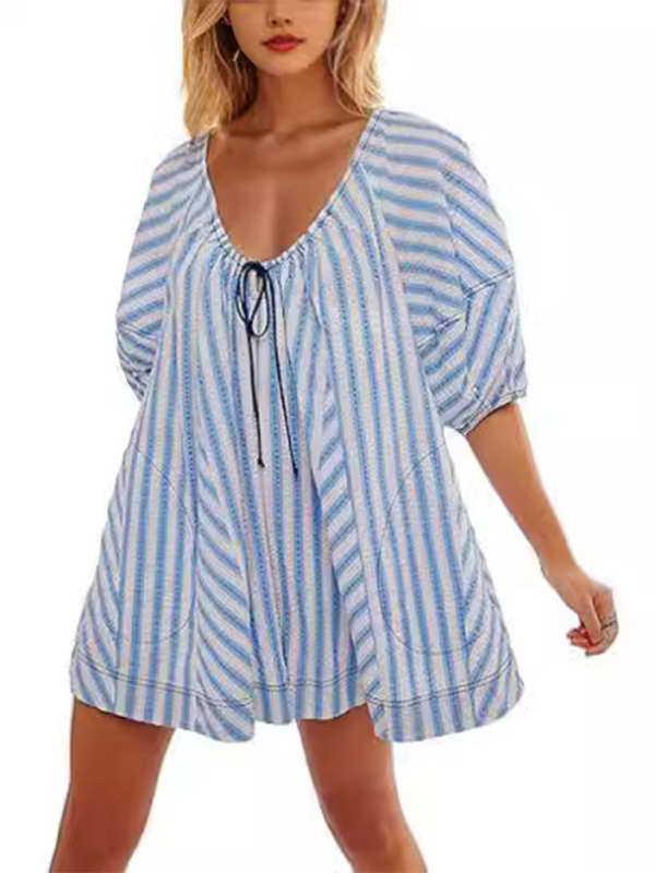 TEEK - Short-Sleeved Striped Deep V Wide-Leg Short Romper JUMPSUIT TEEK K   