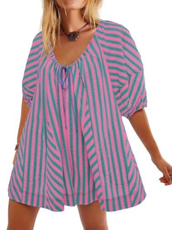 TEEK - Short-Sleeved Striped Deep V Wide-Leg Short Romper JUMPSUIT TEEK K Hot Pink S 