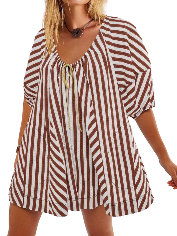 TEEK - Short-Sleeved Striped Deep V Wide-Leg Short Romper JUMPSUIT TEEK K Coffee S 