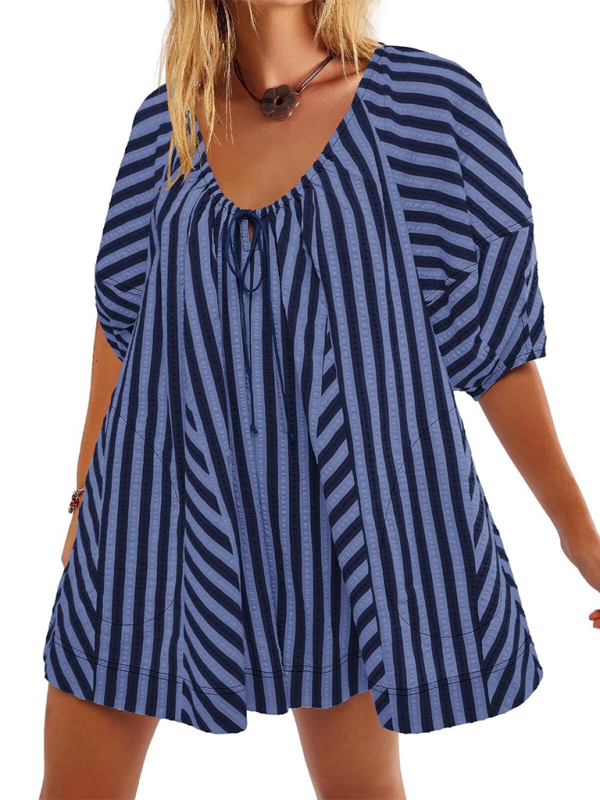 TEEK - Short-Sleeved Striped Deep V Wide-Leg Short Romper JUMPSUIT TEEK K Purplish Blue Navy S 