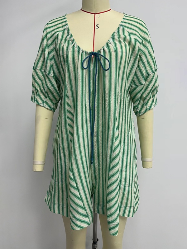 TEEK - Short-Sleeved Striped Deep V Wide-Leg Short Romper JUMPSUIT TEEK K Green S 