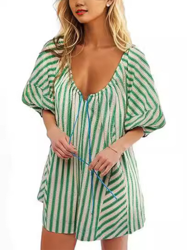 TEEK - Short-Sleeved Striped Deep V Wide-Leg Short Romper JUMPSUIT TEEK K   